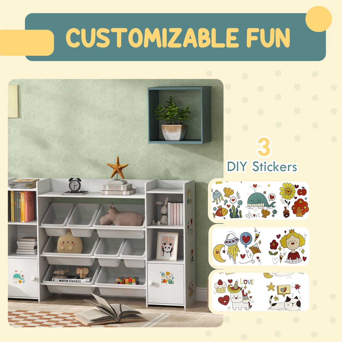 Kids Toy Organizers and Storage with 8 Removable Storage Bins and Bookshelf, White