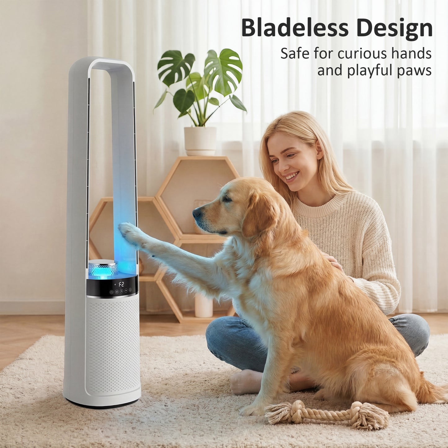 Bladeless Tower Fan, 36dB Standing Cooling Fan with Oscillating, LED Lights, 3 Speeds, 12H Timer, Remote Control