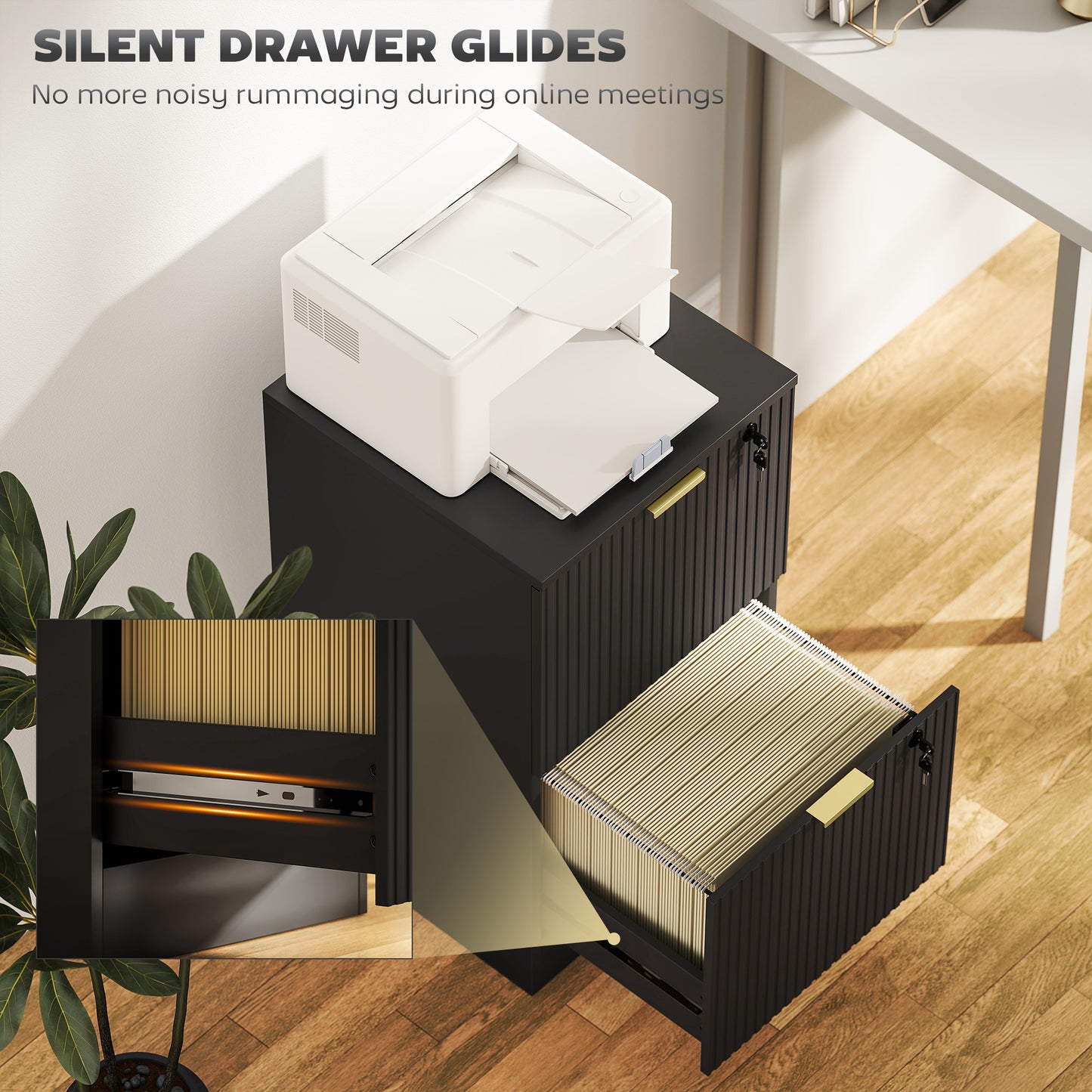 Filing Cabinet, Fluted Vertical File Cabinet with 2 Lockable Drawers and Hanging Rails, Black