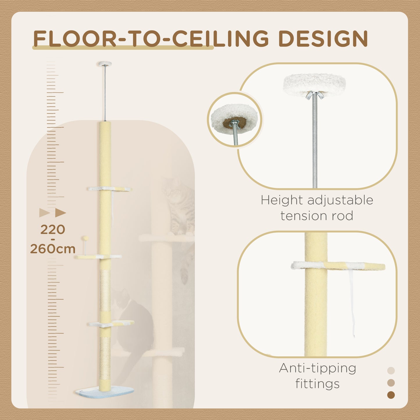 260cm Adjustable Floor-To-Ceiling Cat Tree w/ Anti-Tipping Kit, Toy Ball