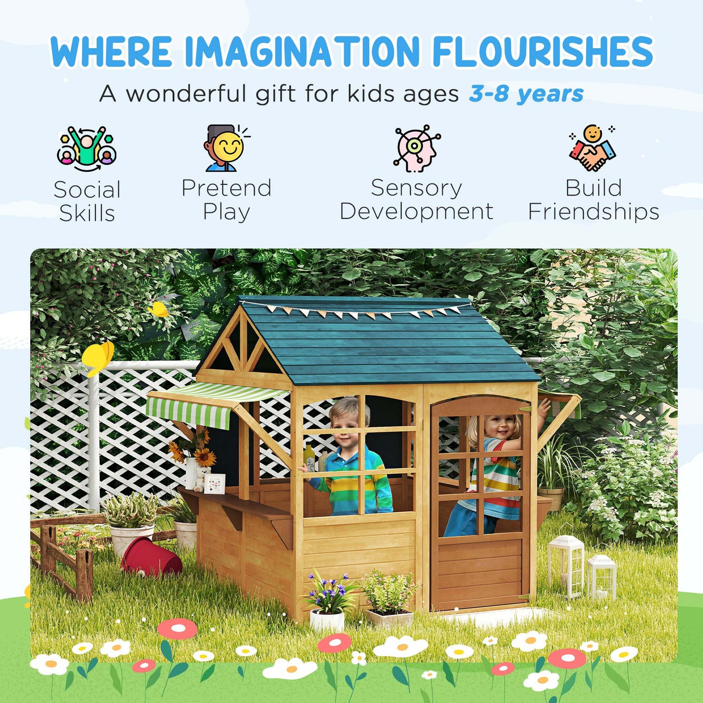 Wooden Playhouse for Kids, Foldable Wendy House with Windows, Working Door, Service Stations, Rain Covers, Brown