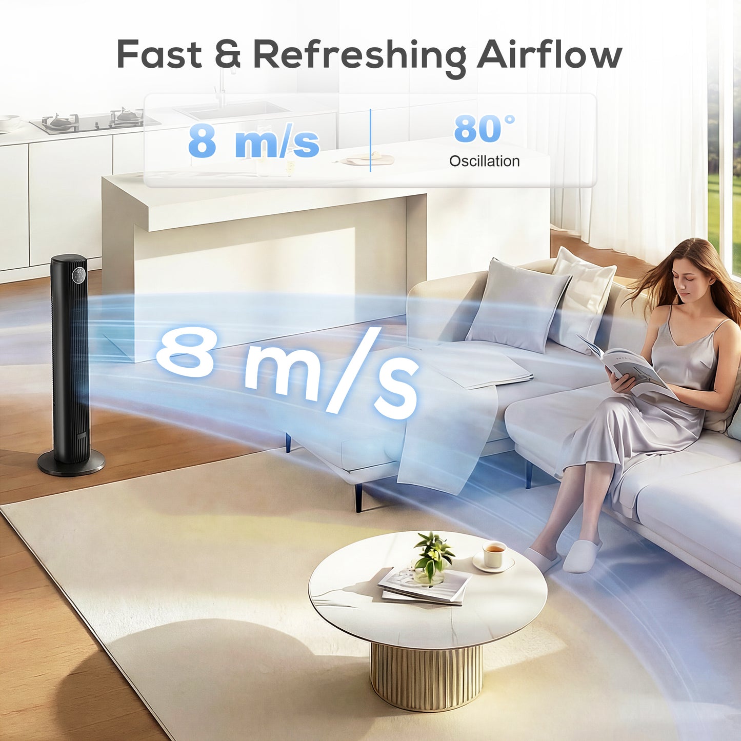28dB Tower Fan for Bedroom, 36 inch, 8 m/s Velocity Standing Cooling Fan with 80° Oscillating, BLDC Motor, 12 Speeds