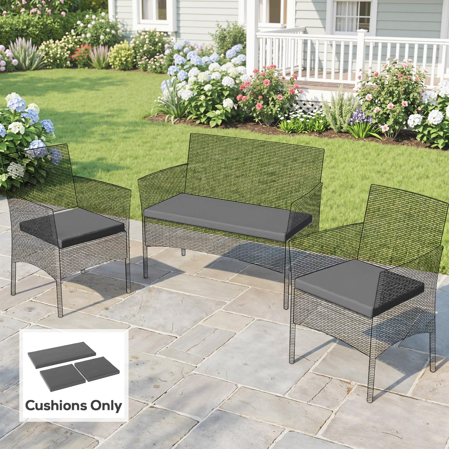 Outdoor Seat Cushion Pads for Rattan Furniture, 3 PCs Garden Furniture Cushions, Dark Grey