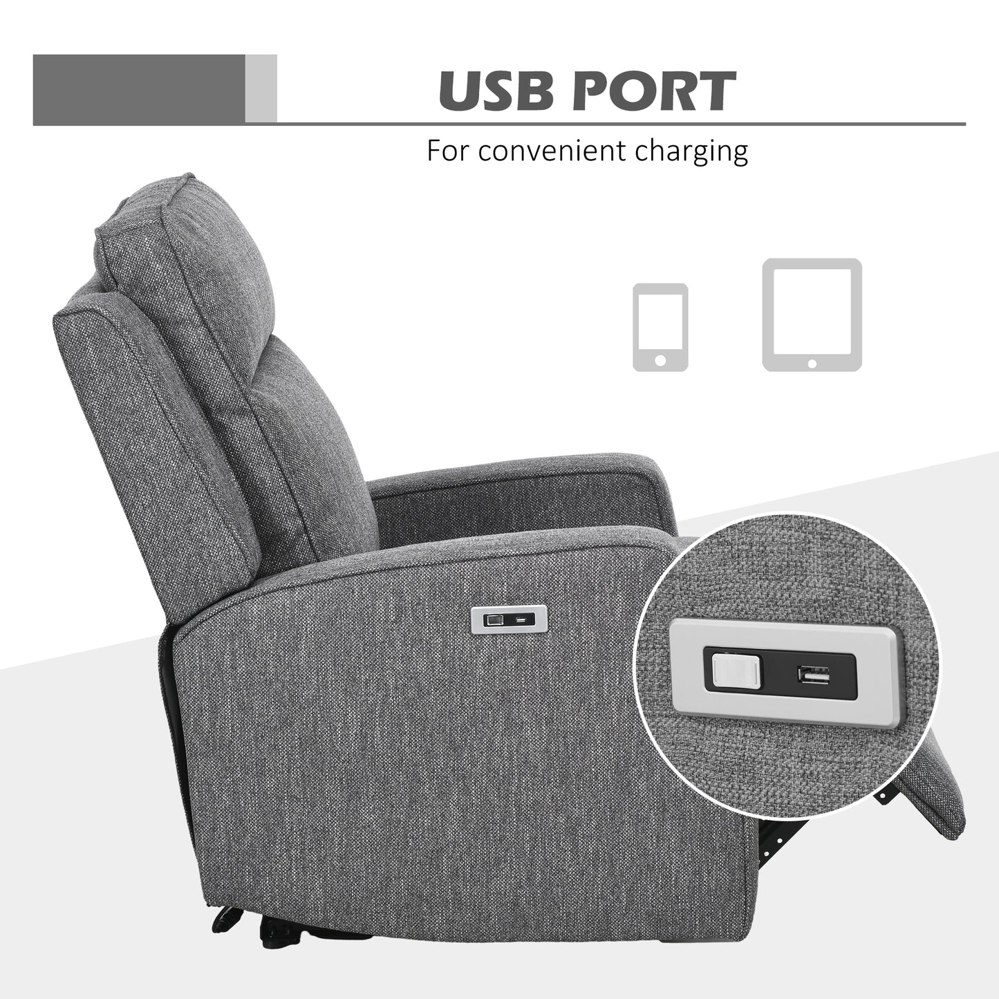 150° Electric Reclining Chair, with USB port and Footrest - Charcoal Grey