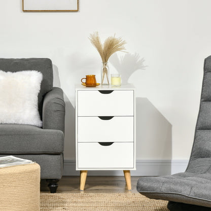 Bedside Table, Bedside Cabinet with 3 Drawers, Side End Table with Pine Wood Legs for Bedroom Living Room, White