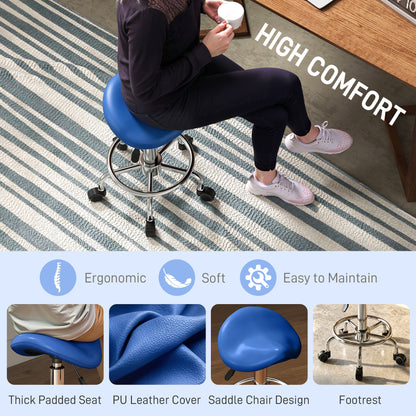 Salon Saddle Stool, Rolling Saddle Chair for Massage, Spa, Clinic, Beauty, Hairdressing and Tattoo, Blue