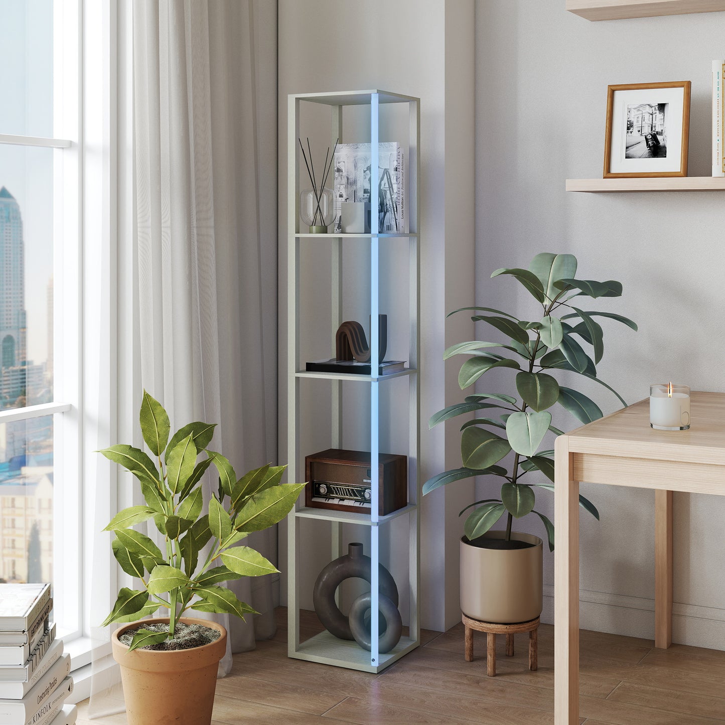 RGB LED Floor Lamp with Shelves, Modern Dimmable Standing Lamp with Remote Control