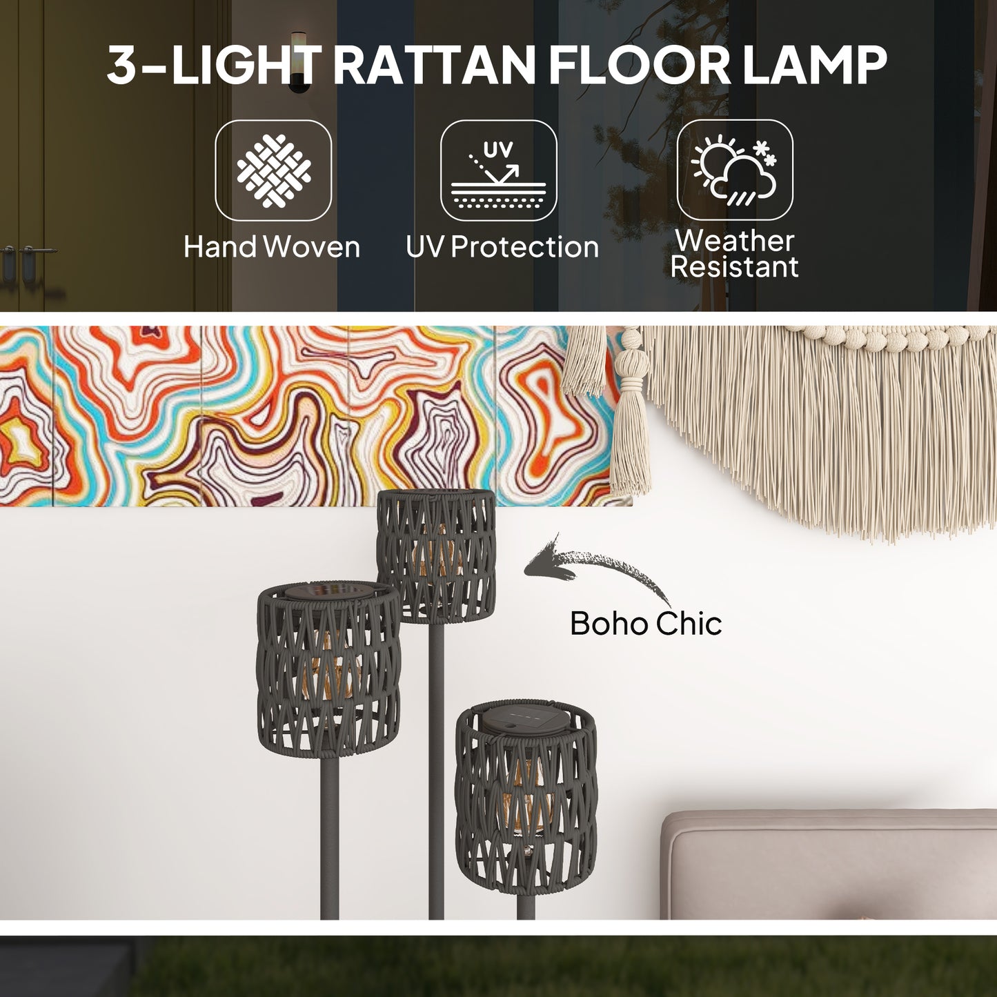 Boho Rattan Floor Lamp, 3-Lights Rattan Lamp with Shelf, Freestanding Solar Garden Light with Auto On/Off Lights, Grey
