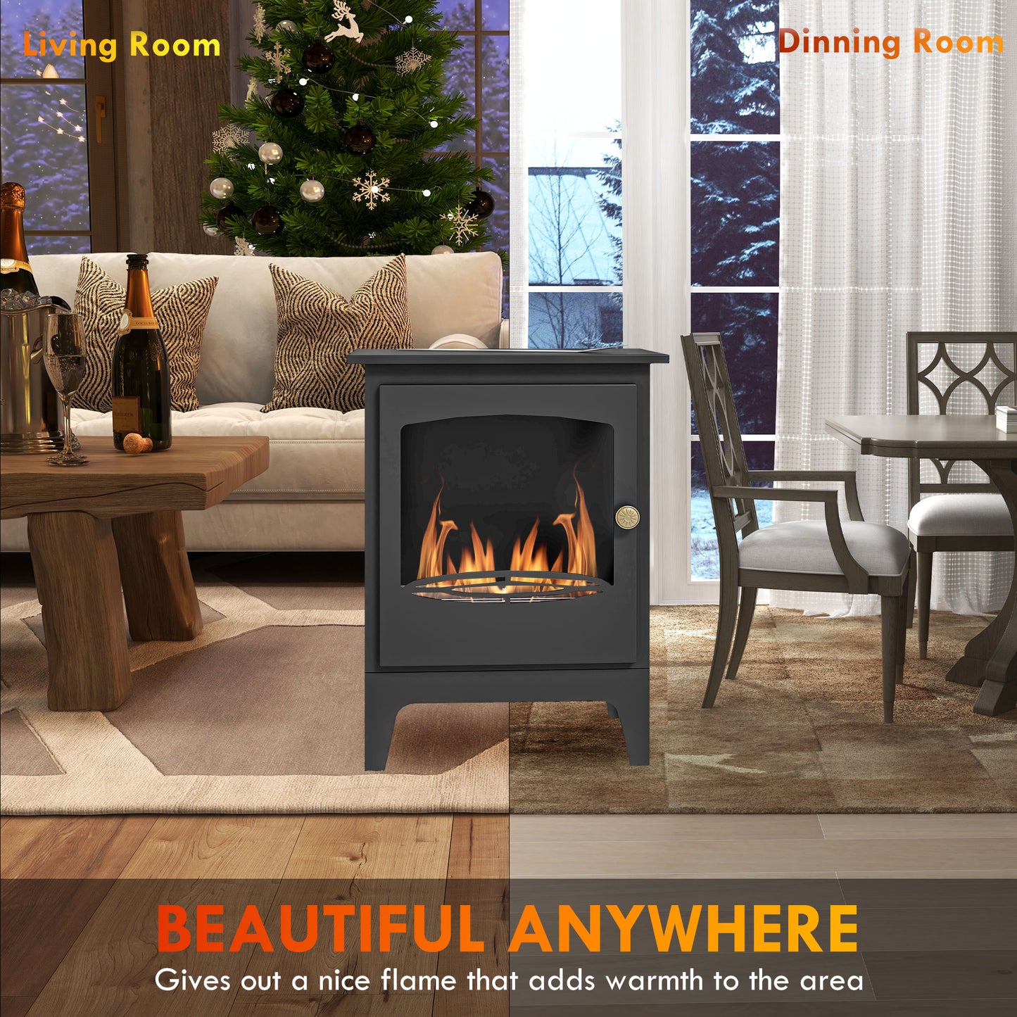 Freestanding Ethanol Fireplace, Steel Bioethanol Fireplace with Stainless Steel Flame Snuffer, 0.9L Tank
