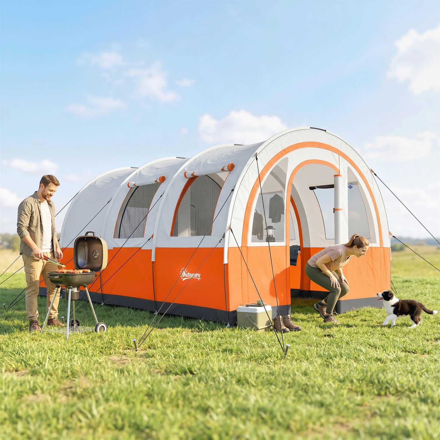 Three Man Duo Room Tunnel Tent, with Accessories - Cream/Orange