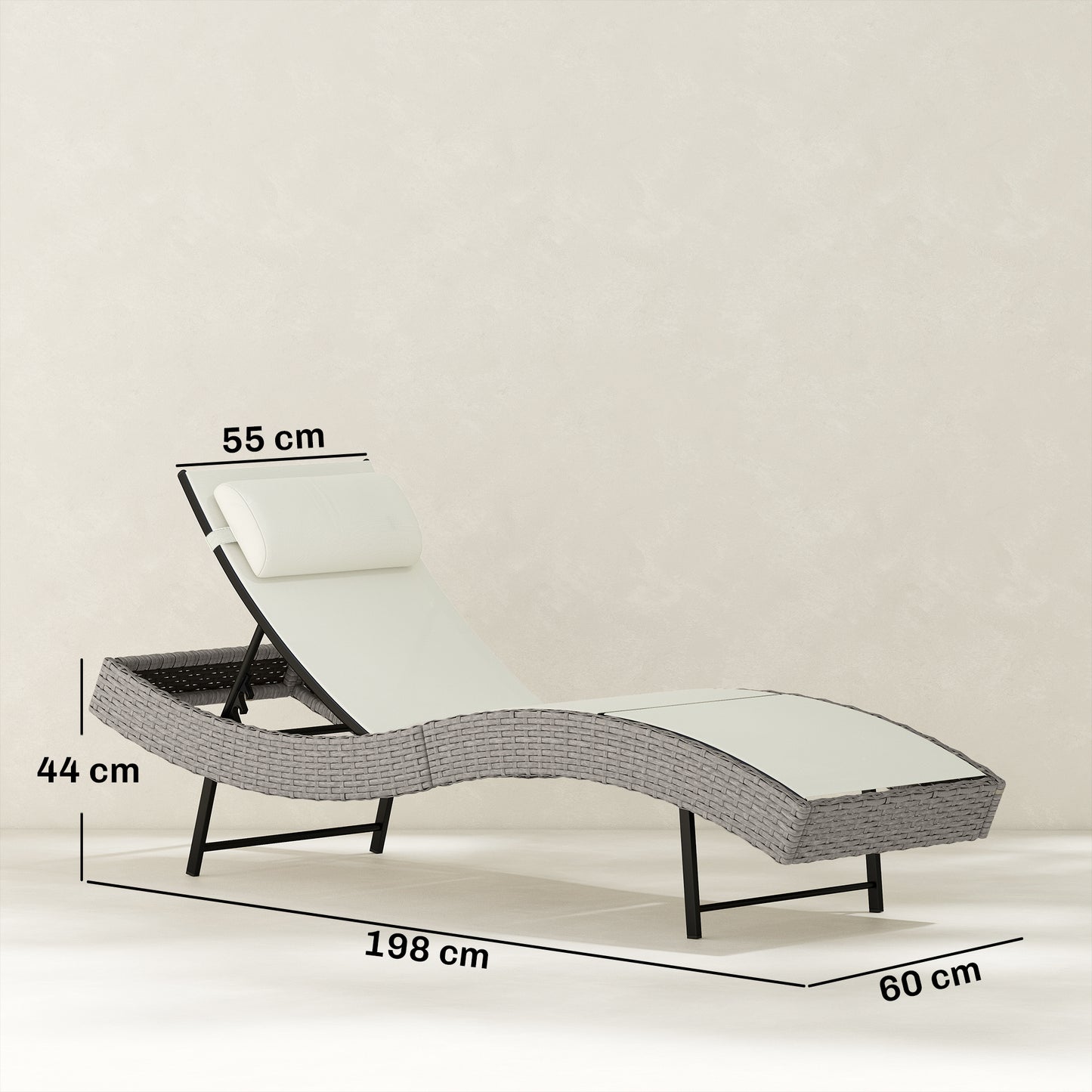 Rattan Sun Lounger, Garden Recliner with 5 Position Adjustable Back, S Shaped Texteline Seat, Headrest, Cream White