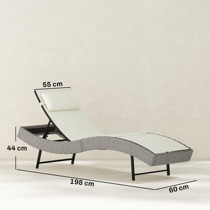 Rattan Sun Lounger, Garden Recliner with 5 Position Adjustable Back, S Shaped Texteline Seat, Headrest, Cream White