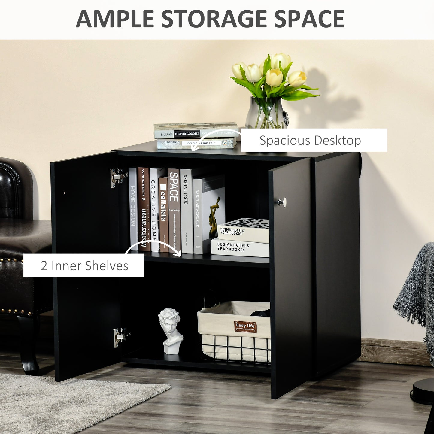 2 Tier Bookcase, Wooden Storage Cabinet with 2 Doors, Freestanding Sideboard for Living Room, Home Office and Study, Black