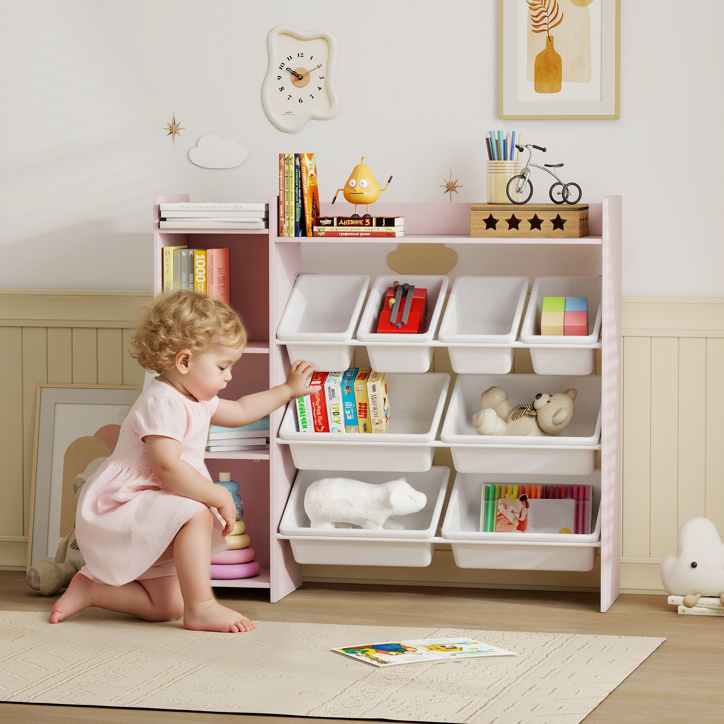 Toy Storage Unit with 8 Removable Bins, Storage Shelves, Cabinet, Pink