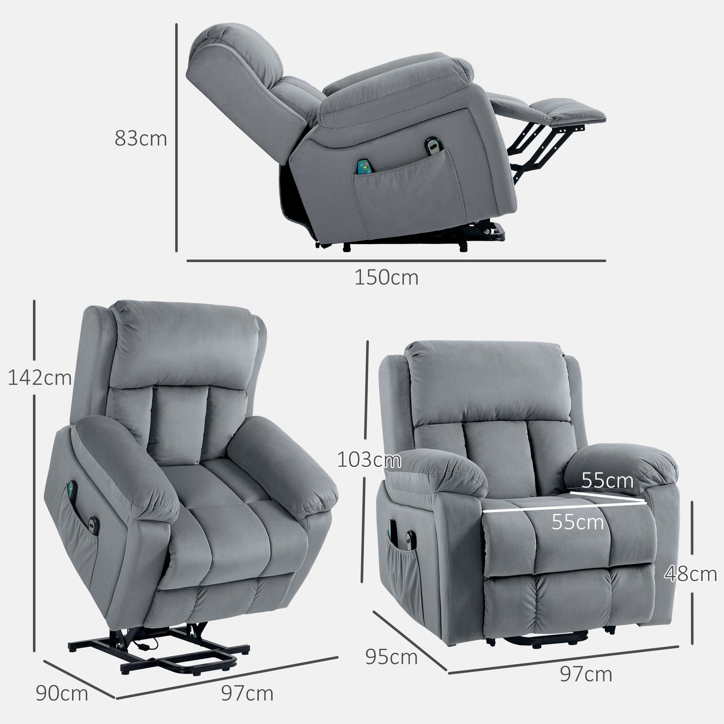 Eight-Point Massage Lift Chair, with Remote - Grey