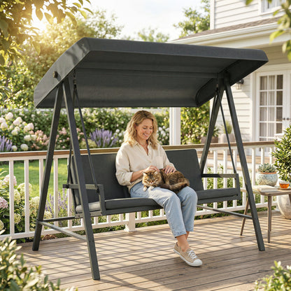 Three-Seat Garden Swing Chair, with Adjustable Canopy - Dark Grey