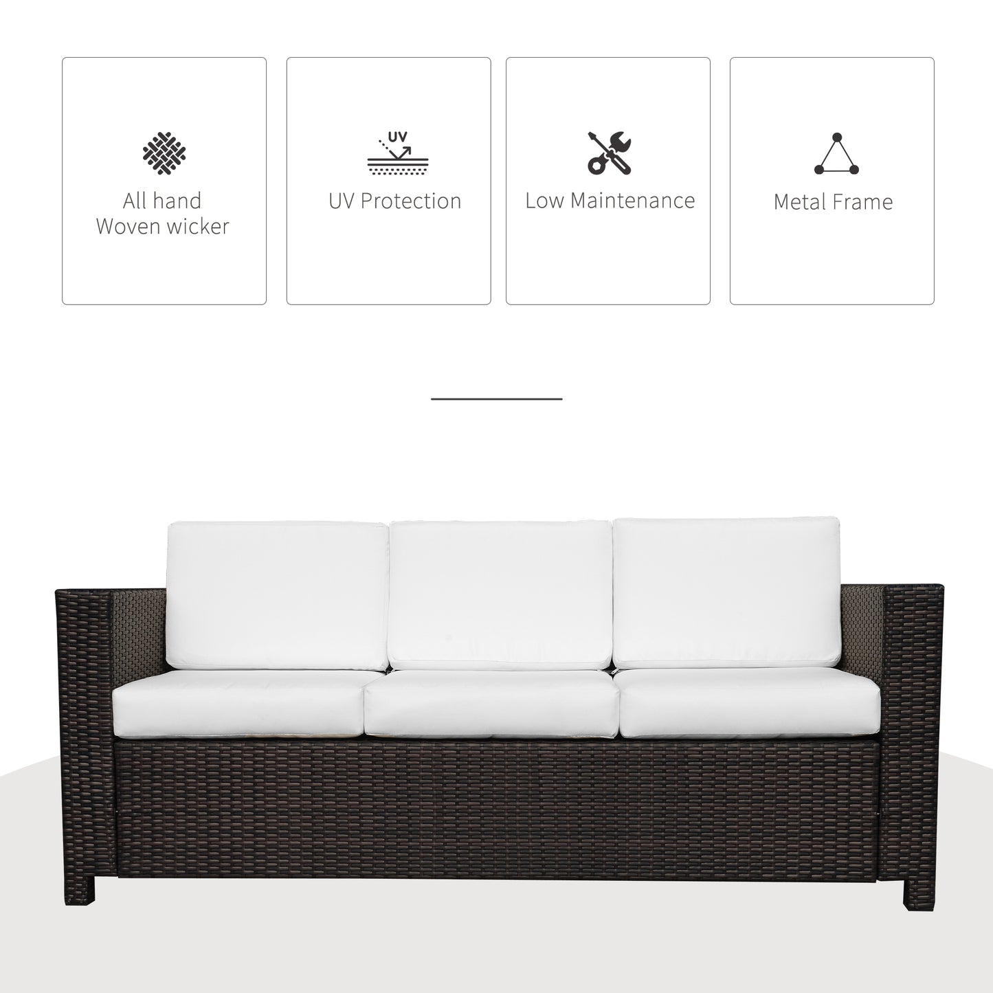 3 Seater Rattan Sofa, All-Weather Wicker Weave Metal Frame Chair with Fire Resistant Cushion, Brown