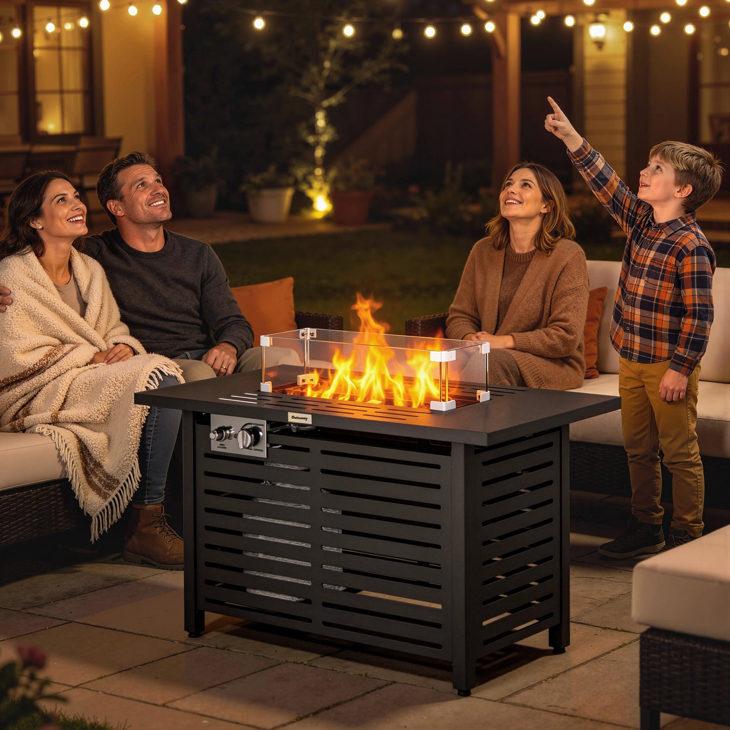 Propane Gas Fire Pit Table, Outdoor Firepit with 43" Steel Tabletop and Lid, 50