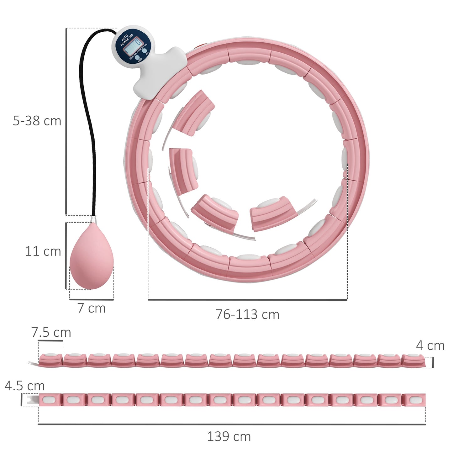 Smart Weighted Hula Hoop, Massage Hula Ring w/ 16 Detachable Knots, 360° Auto-Rotating Ball, Digital Counter, Pink