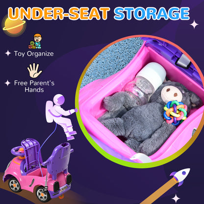 3 in 1 Ride on Push Car, Cartoon Robot Theme Foot to Floor Slider w/ Handle Light Music Horn, Storage - Pink