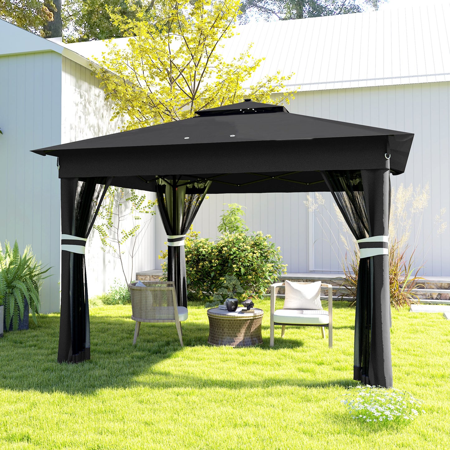 3.36 x 3.36m Pop Up Gazebo Party Tent with Solar-Powered LED Lights, Adjustable Event Shelter with Netting, Black