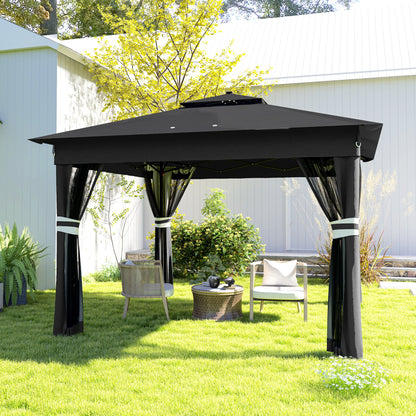 3.36 x 3.36m Pop Up Gazebo Party Tent with Solar-Powered LED Lights, Adjustable Event Shelter with Netting, Black