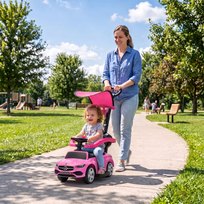 3 in 1 Licensed Benz Ride on Push Car with Handle, Canopy, Guardrails, Horn, Music, Storage for 12-36 Months, Pink