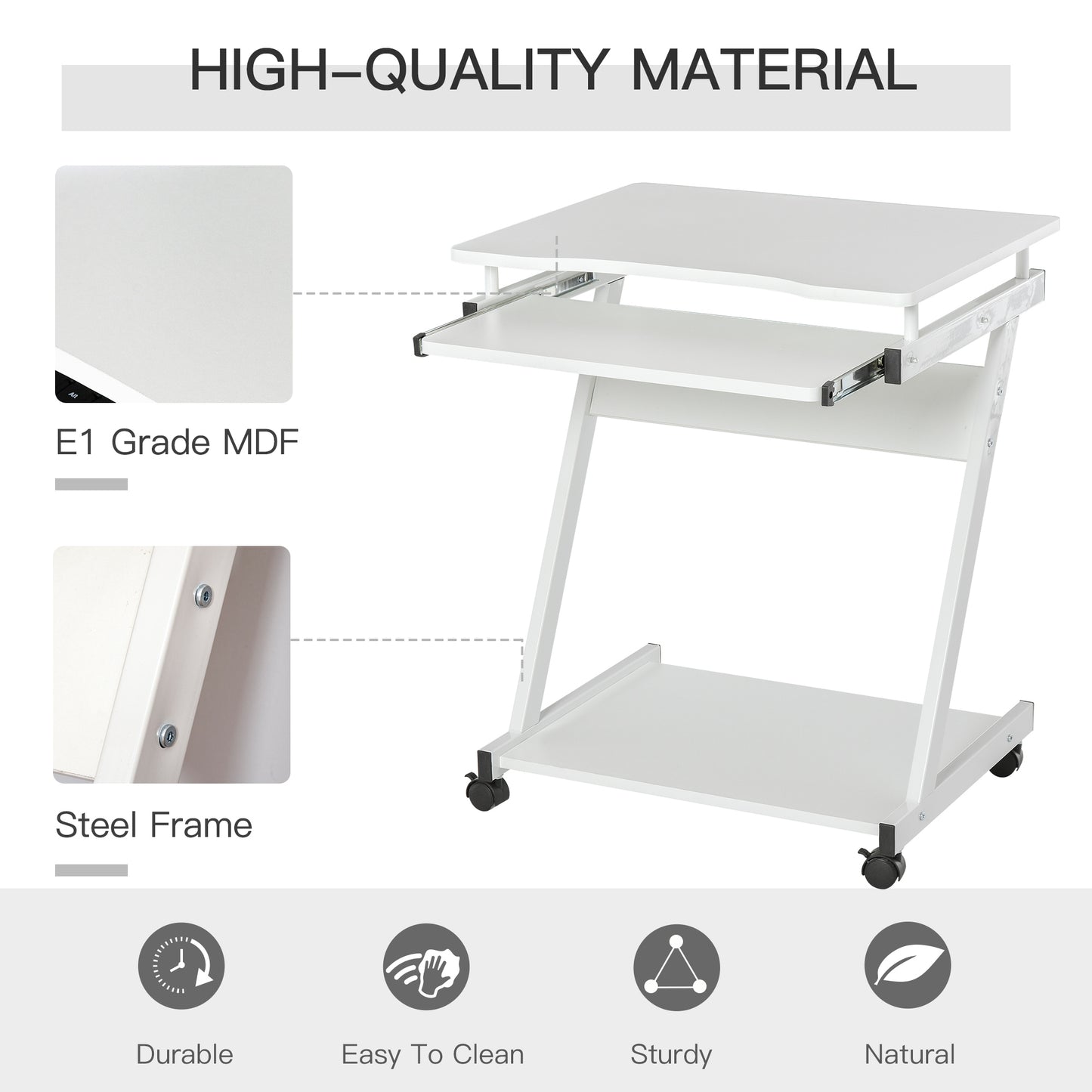 Movable Computer Desk with 4 Moving Wheels and Keyboard Tray White