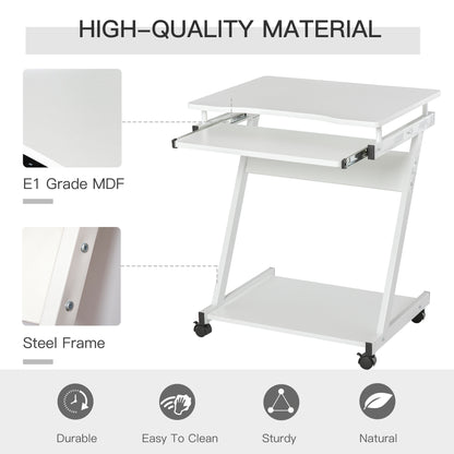 Movable Computer Desk with 4 Moving Wheels and Keyboard Tray White