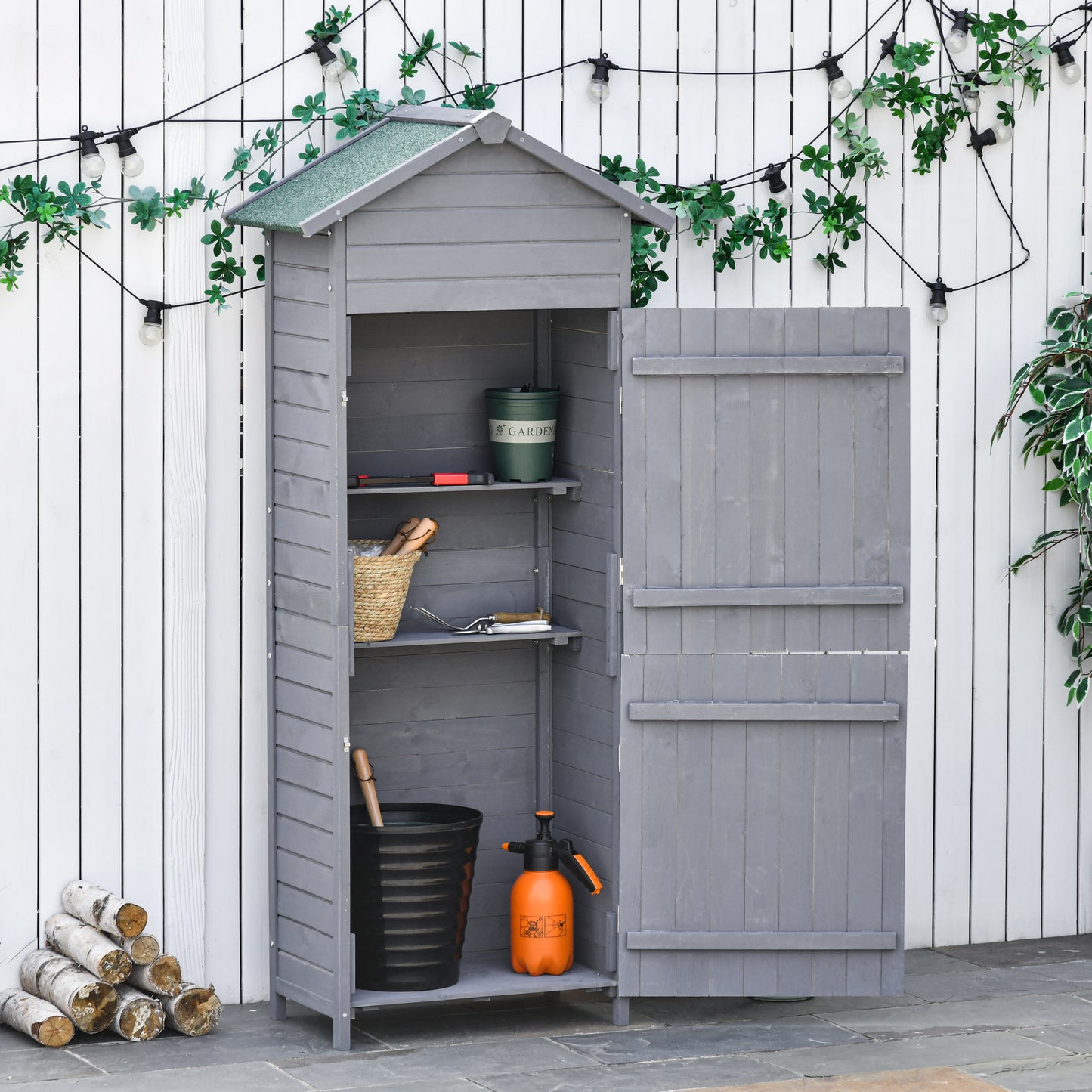 Wooden Garden Storage Shed Utility Gardener Cabinet w/ 3 Shelves, Tilted-felt Roof and Two Lockable Doors