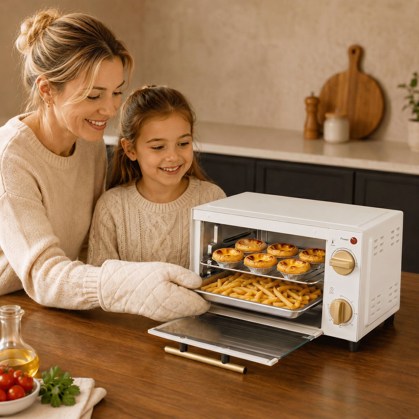 Mini Oven, 9L Countertop Electric Grill, Toaster Oven with Adjustable Temperature and Timer, 750W, White