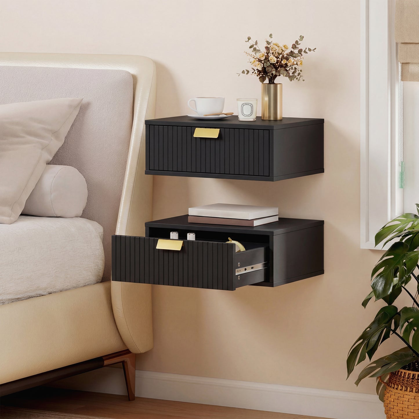 Modern Floating Nightstands Set of 2, Wall Mounted Bedside Tables with Wave Drawer Black