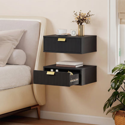 Modern Floating Nightstands Set of 2, Wall Mounted Bedside Tables with Wave Drawer Black