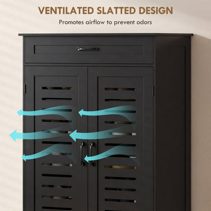 Shoe Cabinet with Louvered Doors, Modern Shoe Storage Cabinet with Drawer and Adjustable Shelves, Black