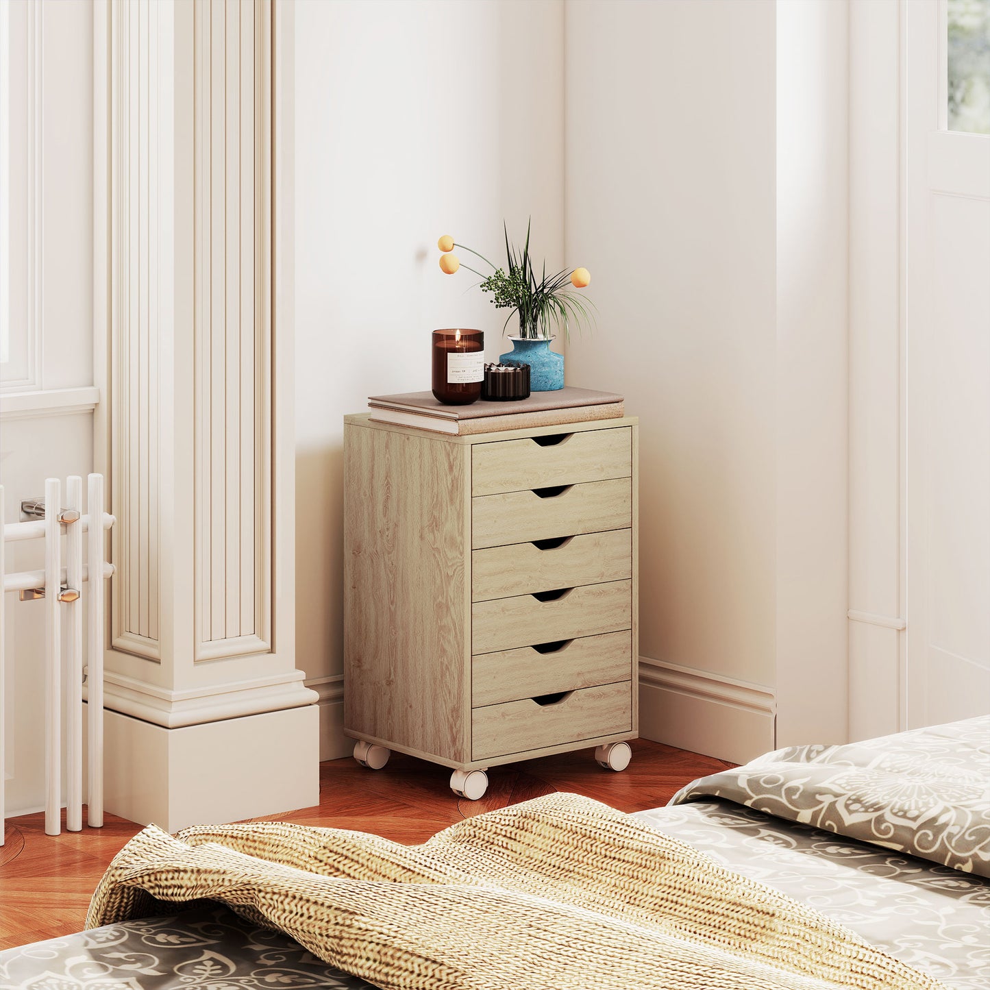 6 Drawer Vertical File Cabinet, Mobile Filing Cabinet with Quiet Drawers and Wheels with 2 Brakes, Oak Wood Effect