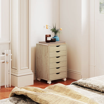 6 Drawer Vertical File Cabinet, Mobile Filing Cabinet with Quiet Drawers and Wheels with 2 Brakes, Oak Wood Effect