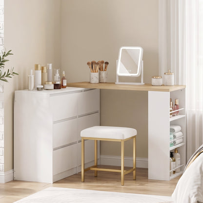 Vanity Table, Dressing Table with 6 Drawers and 3-Tier Shelf for Women and Girls, White