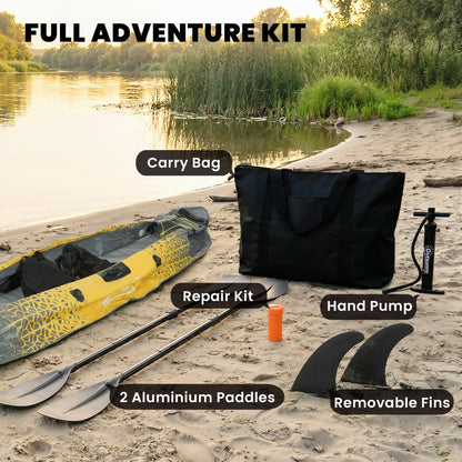 12.5' Inflatable Kayak Set, 2-person Sit on Canoe with Aluminium Oars, Grey and Yellow