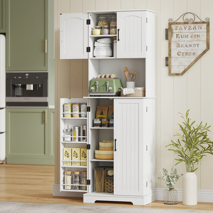 181.5 cm Freestanding Storage Cabinet, Tall Kitchen Cupboard with Adjustable Shelves, 8 Door Spice Racks, White