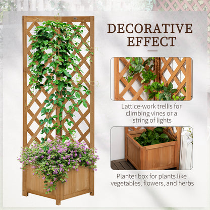 Wooden Planter with Corner Trellis, Freestanding Raised Garden Bed with Drainage Bottom, Outdoor Planter Box, Brown