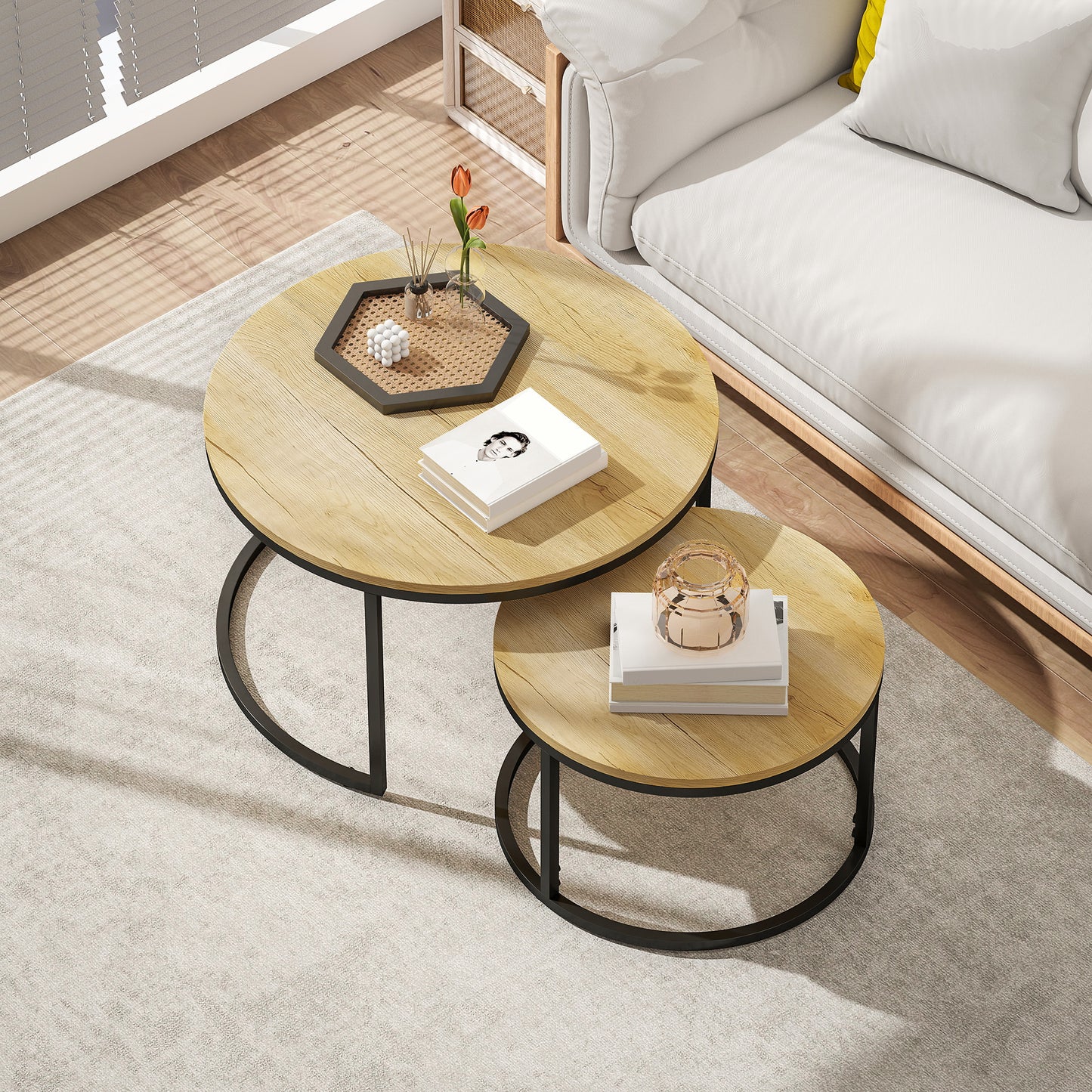 Set of Two Wood-Effect Stacking Tables - Natural