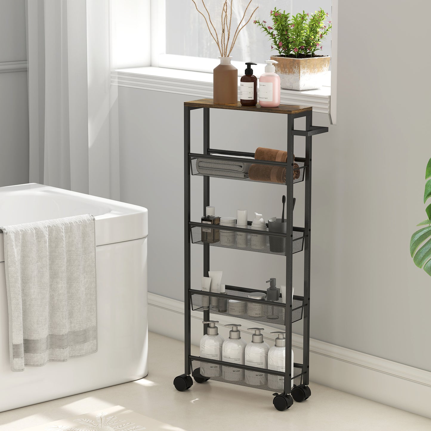 Slim Storage Trolley, 5-Tier Kitchen Cart on Wheels with Wood-effect Top, Handle for Living Room, Bathroom, Black