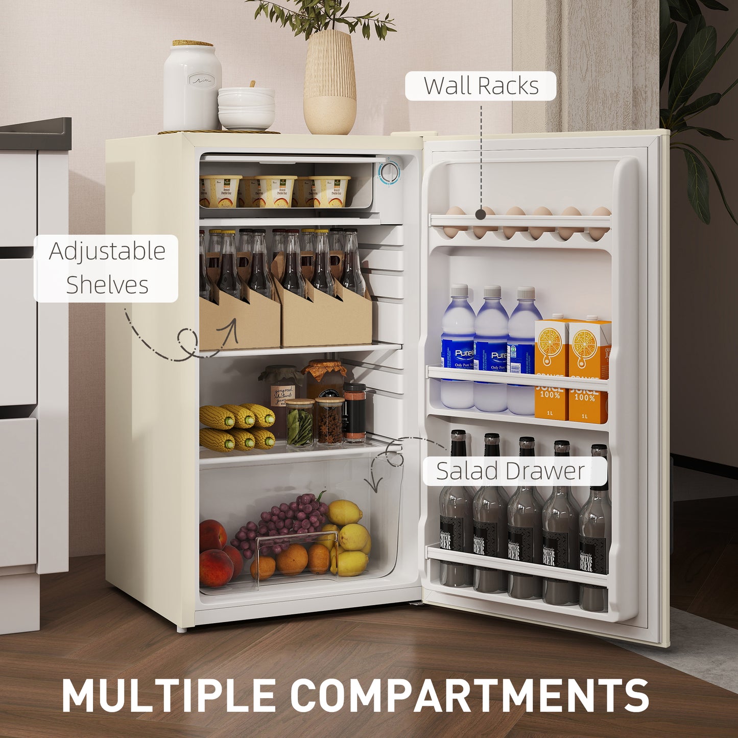 Under Counter Fridge, 91L Small Fridge with Chiller Box, Removable Shelf, Reversible Door, Adjustable Legs