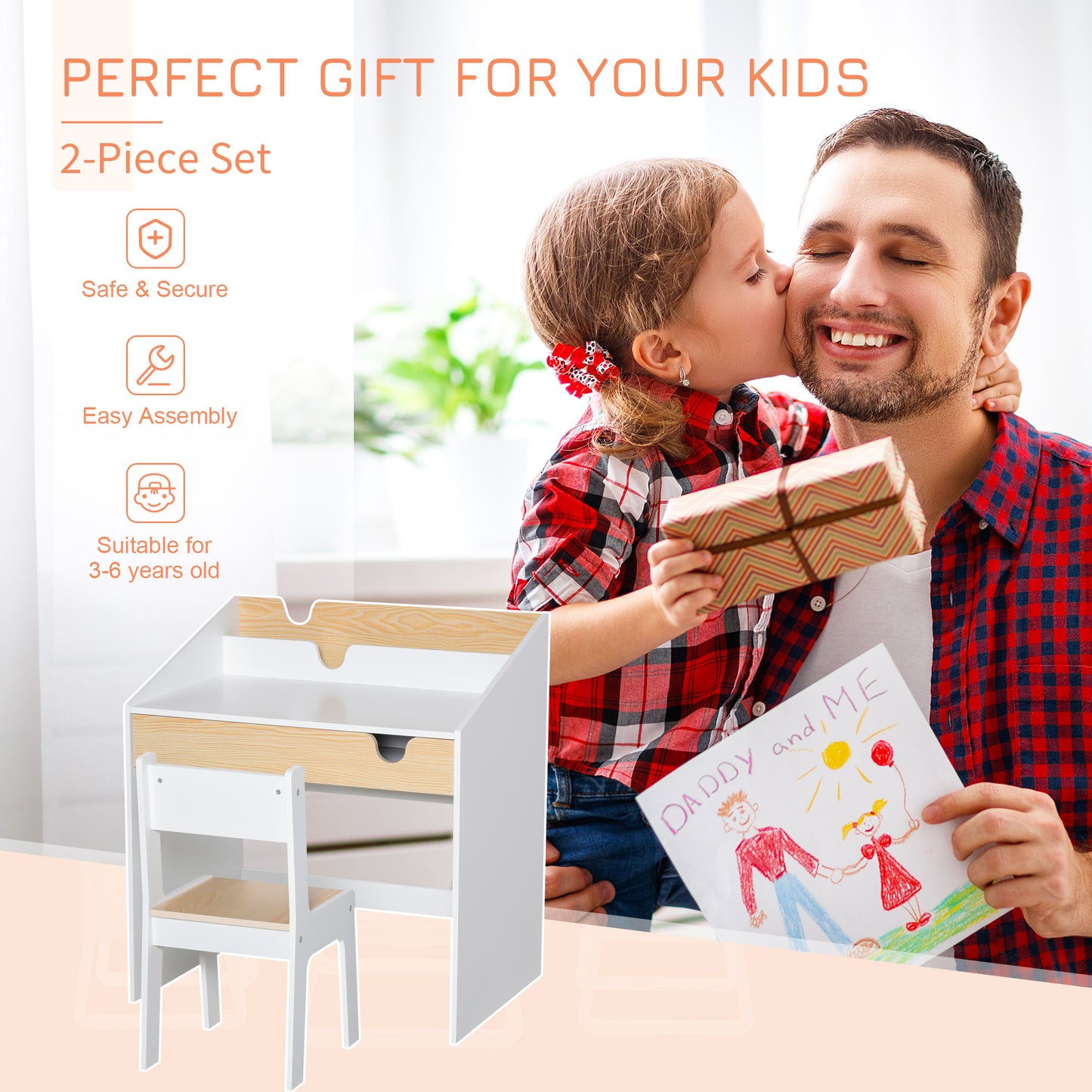 Kids Desk and Chair Set 2 Pieces Children Study Table with Storage Pull-Out Drawer Bookshelf for 3-6 Years Writing, Reading