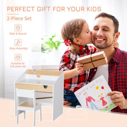 Kids Desk and Chair Set 2 Pieces Children Study Table with Storage Pull-Out Drawer Bookshelf for 3-6 Years Writing, Reading