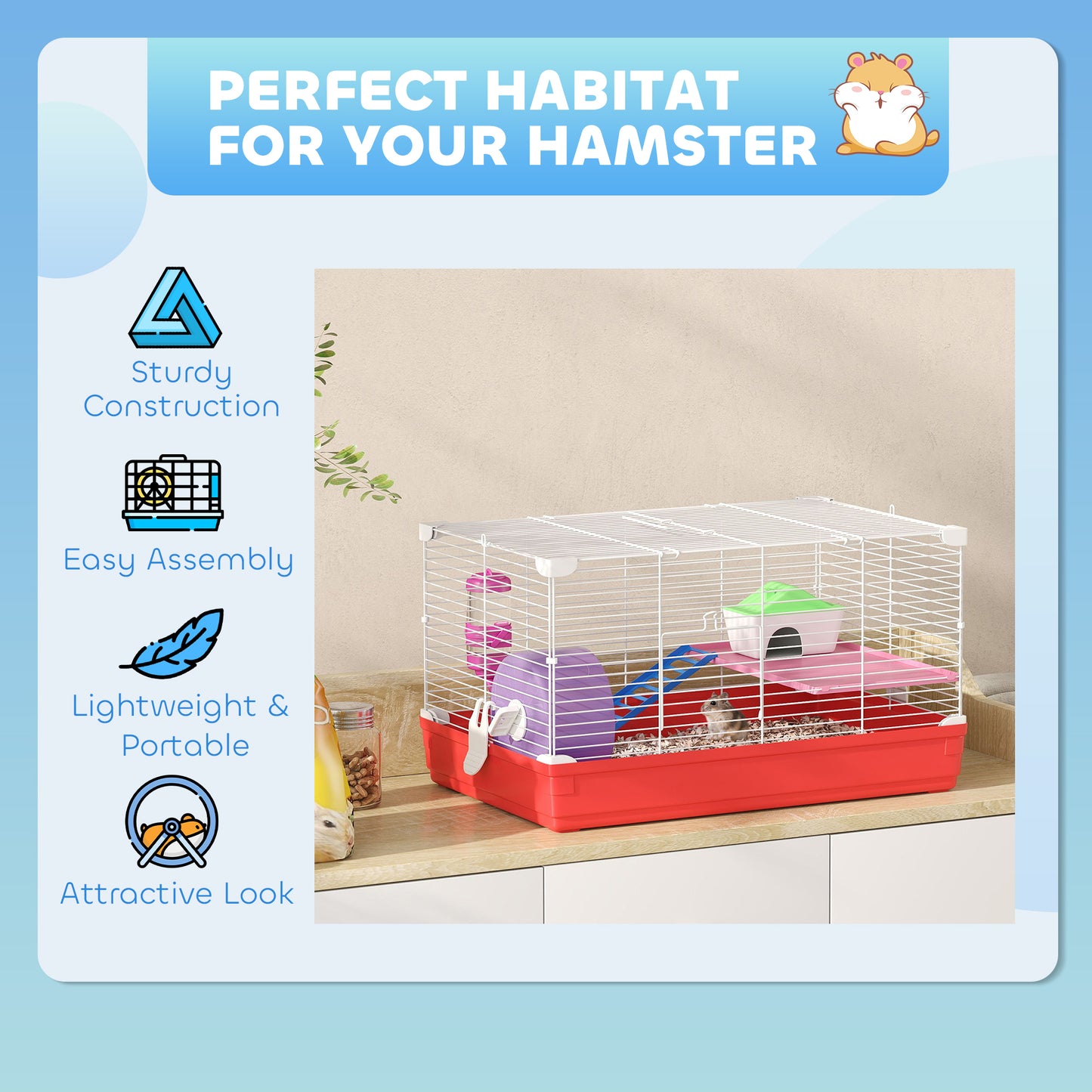 Hamster Cage, Small Gerbil Cage 2 Tiers Portable w/ Handle, Exercise Wheel, Water Bottle, Dishes