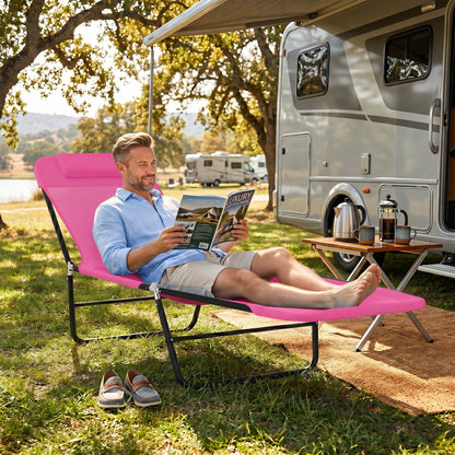 Folding Sun Lounger with Head Pillow - Pink