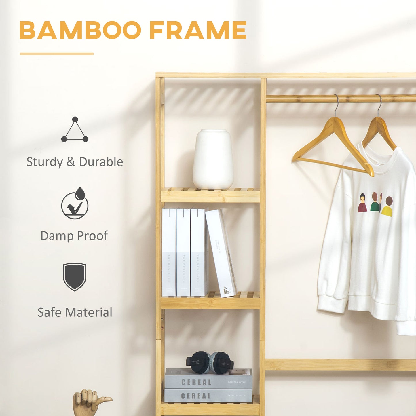Bamboo Garment Rack, Clothes Rack with Storage Shelf, Hanging Rail and Side Hooks for Entryway, Bedroom, Bathroom and Office