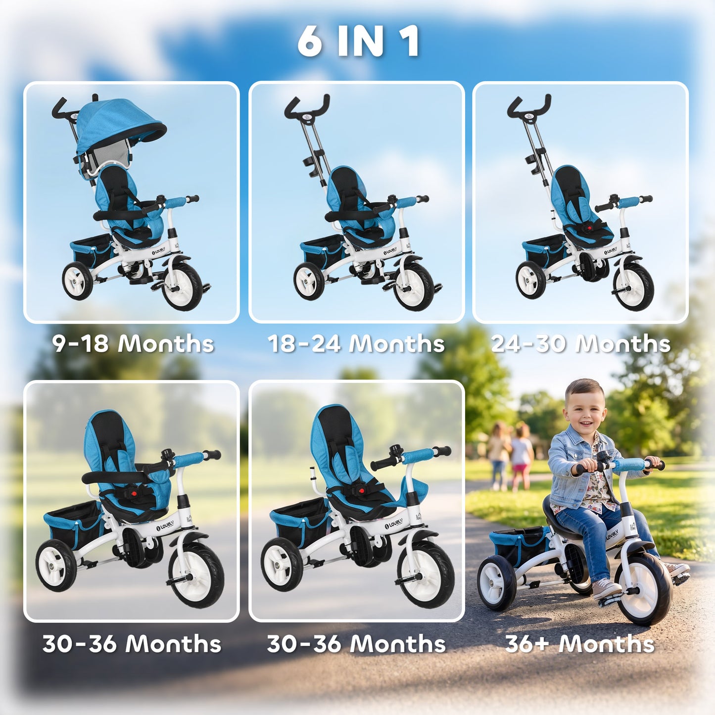 6 in 1 Kids Trike Push Bike w/ Push Handle, Canopy, 5-point Seat Belt, Storage, Footrest, Brake, for 1-5 Years, Blue