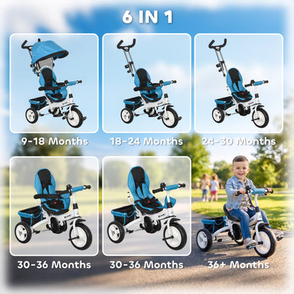 6 in 1 Kids Trike Push Bike w/ Push Handle, Canopy, 5-point Seat Belt, Storage, Footrest, Brake, for 1-5 Years, Blue